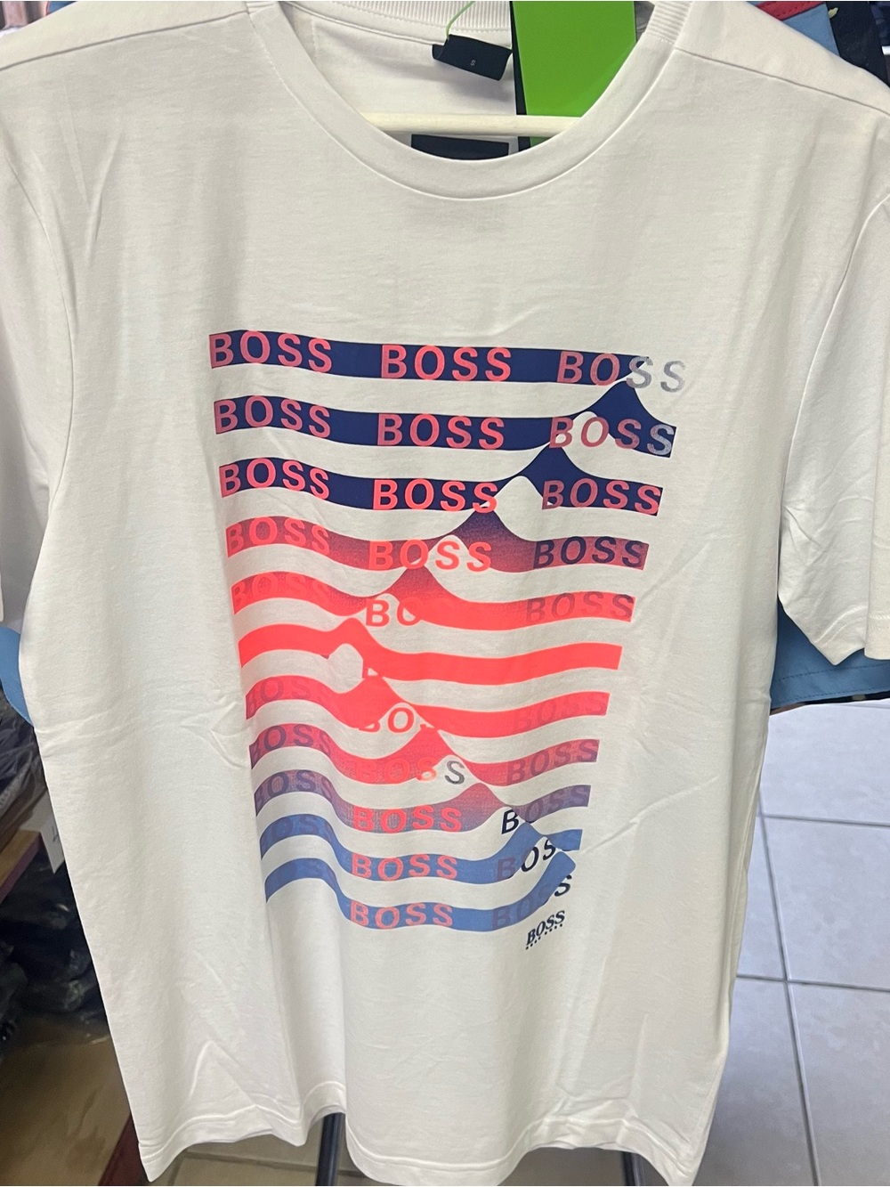 Hugo Boss White Short-Sleeve Tee with Red & Blue Wave Logo